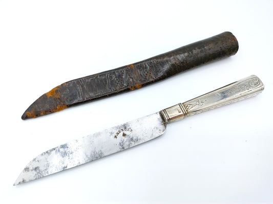 Zilveren mes in leren foedraal, Empirestijl, Duitsland (?), 19e eeuws