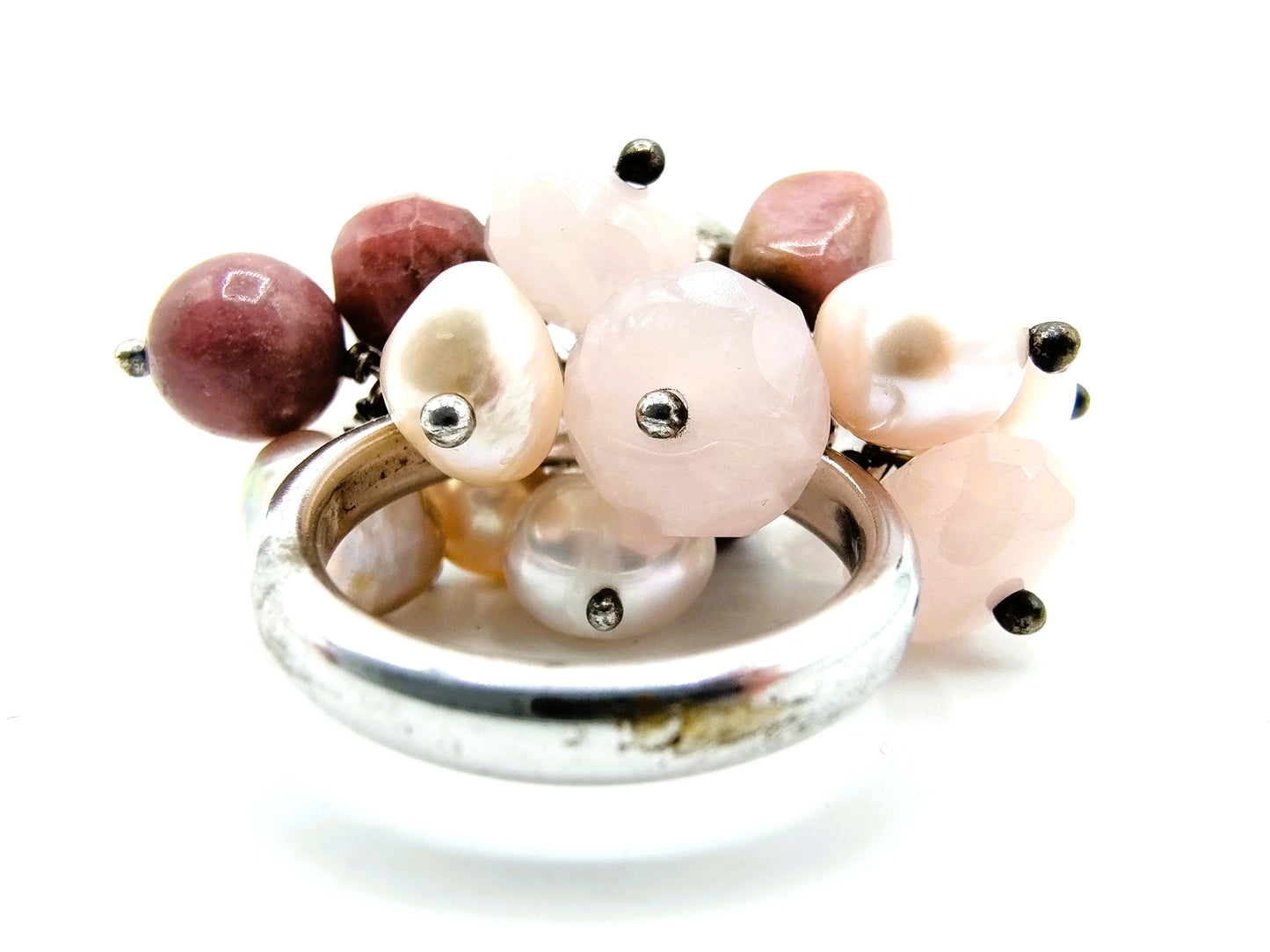 Zilveren ring met parels en kwarts, 925, 19 mm