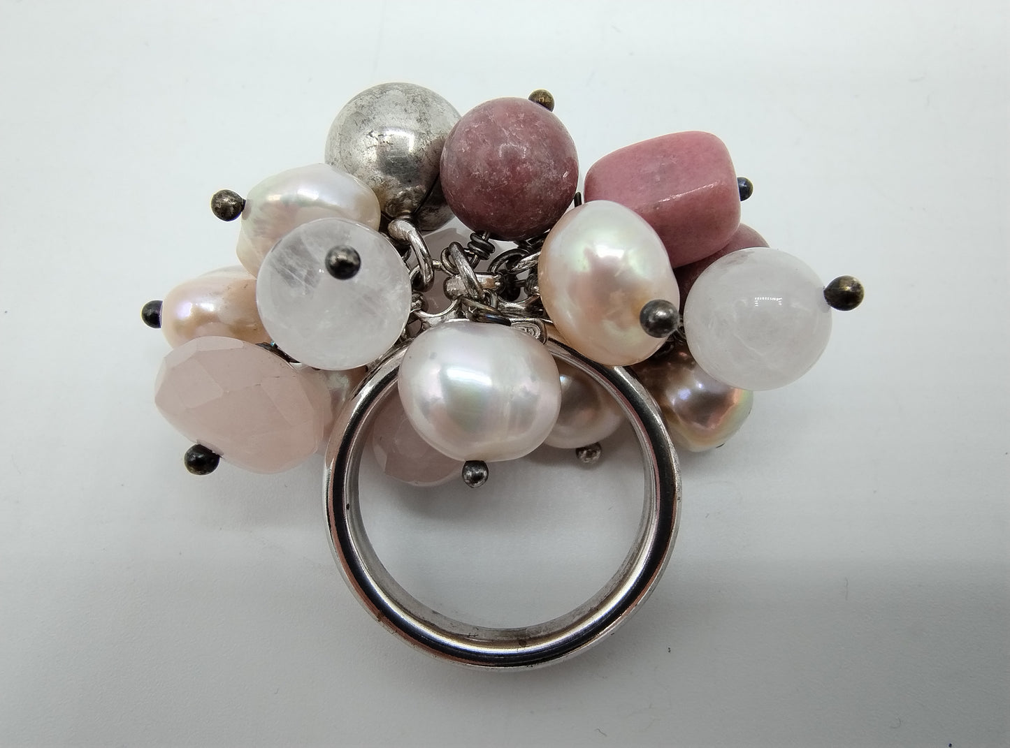 Zilveren ring met parels en kwarts, 925, 19 mm