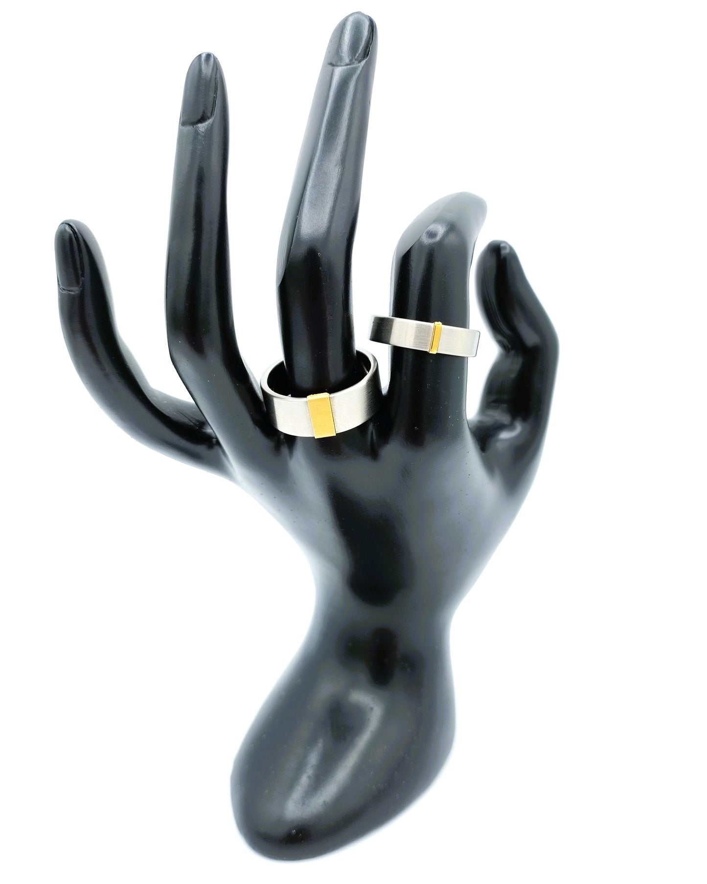 2 Steel rings with gold application, 585, 18.5 and 20 mm