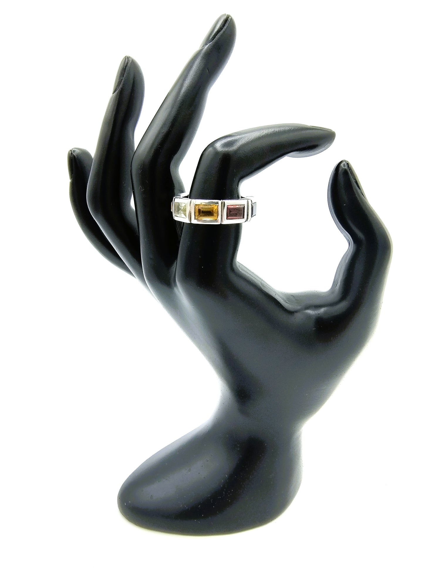 Zilveren ring met 9 kleurstenen, Amsterdam, 925, 18 mm