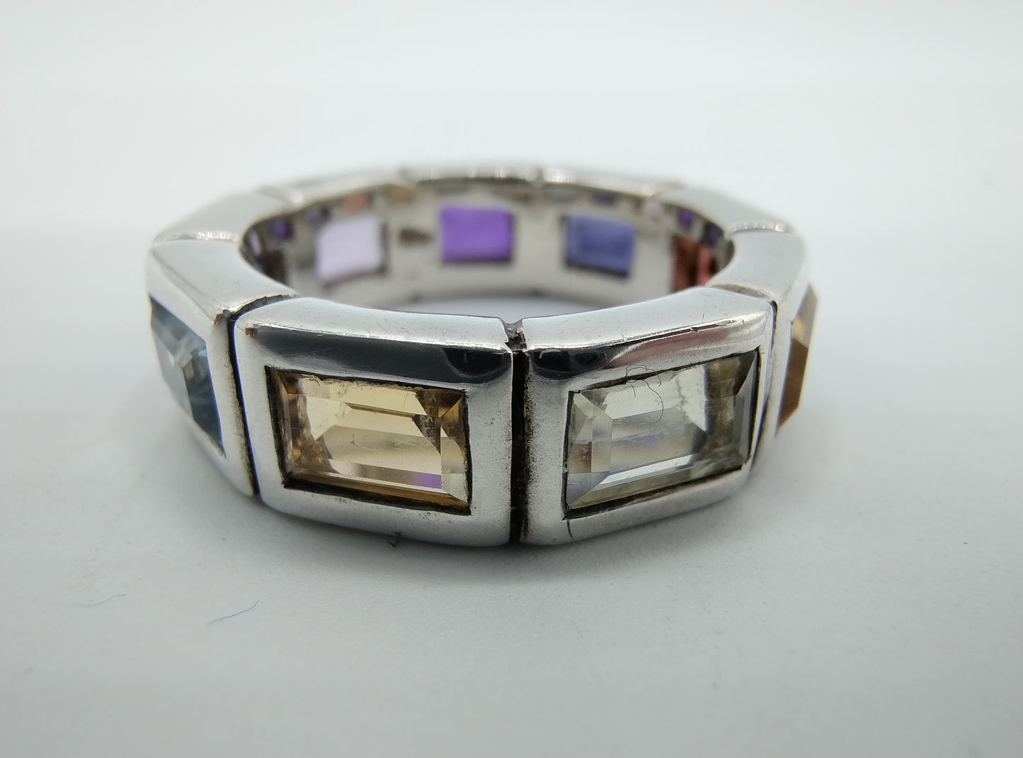 Zilveren ring met 9 kleurstenen, Amsterdam, 925, 18 mm