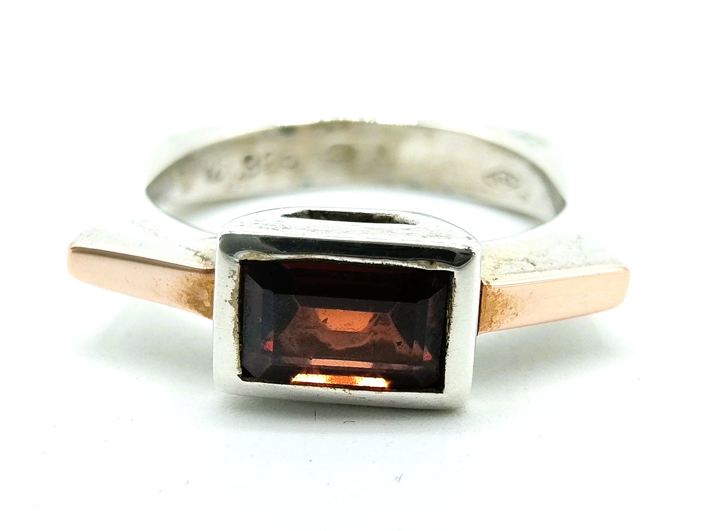 Zilveren - gouden ring met granaat, 925, 585, 16,5 mm