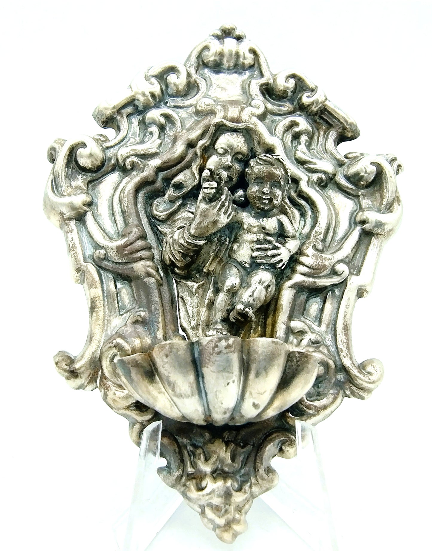 Silver holy water font, G. Raspini, Pieve al Toppo, Italy, 925
