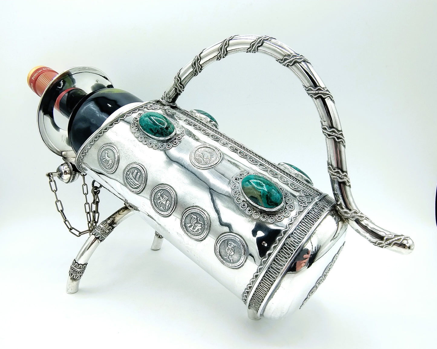 Silver wine bottle holder with Eilat stones, Israel