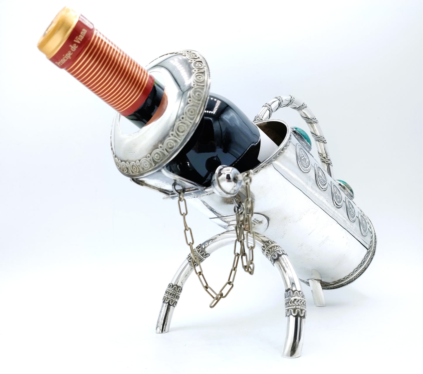 Silver wine bottle holder with Eilat stones, Israel