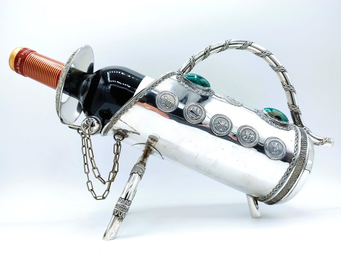 Silver wine bottle holder with Eilat stones, Israel