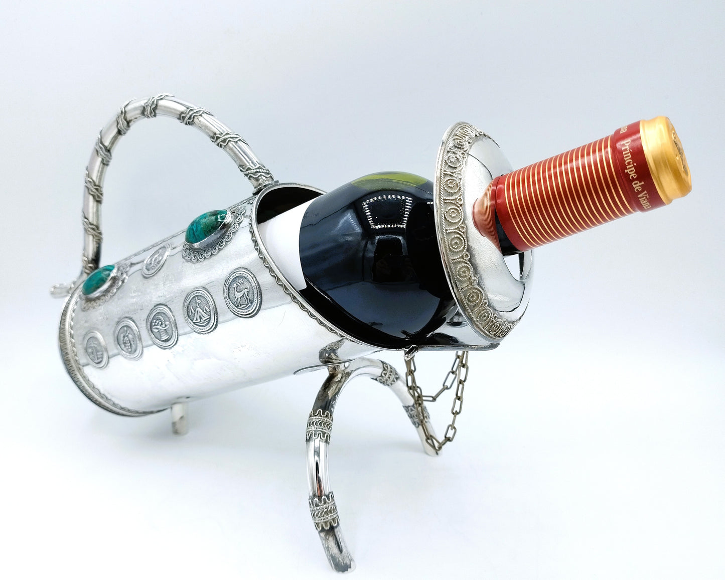 Silver wine bottle holder with Eilat stones, Israel