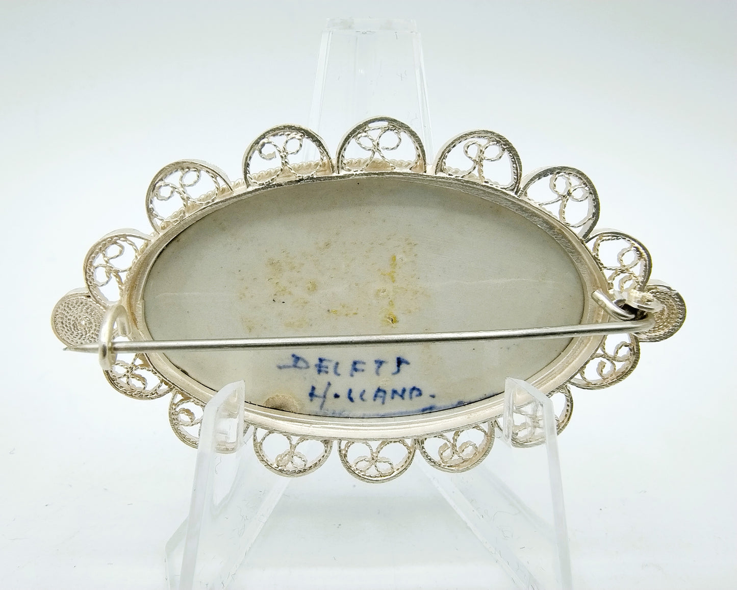 Zilveren broche, Delfts blauw, 835