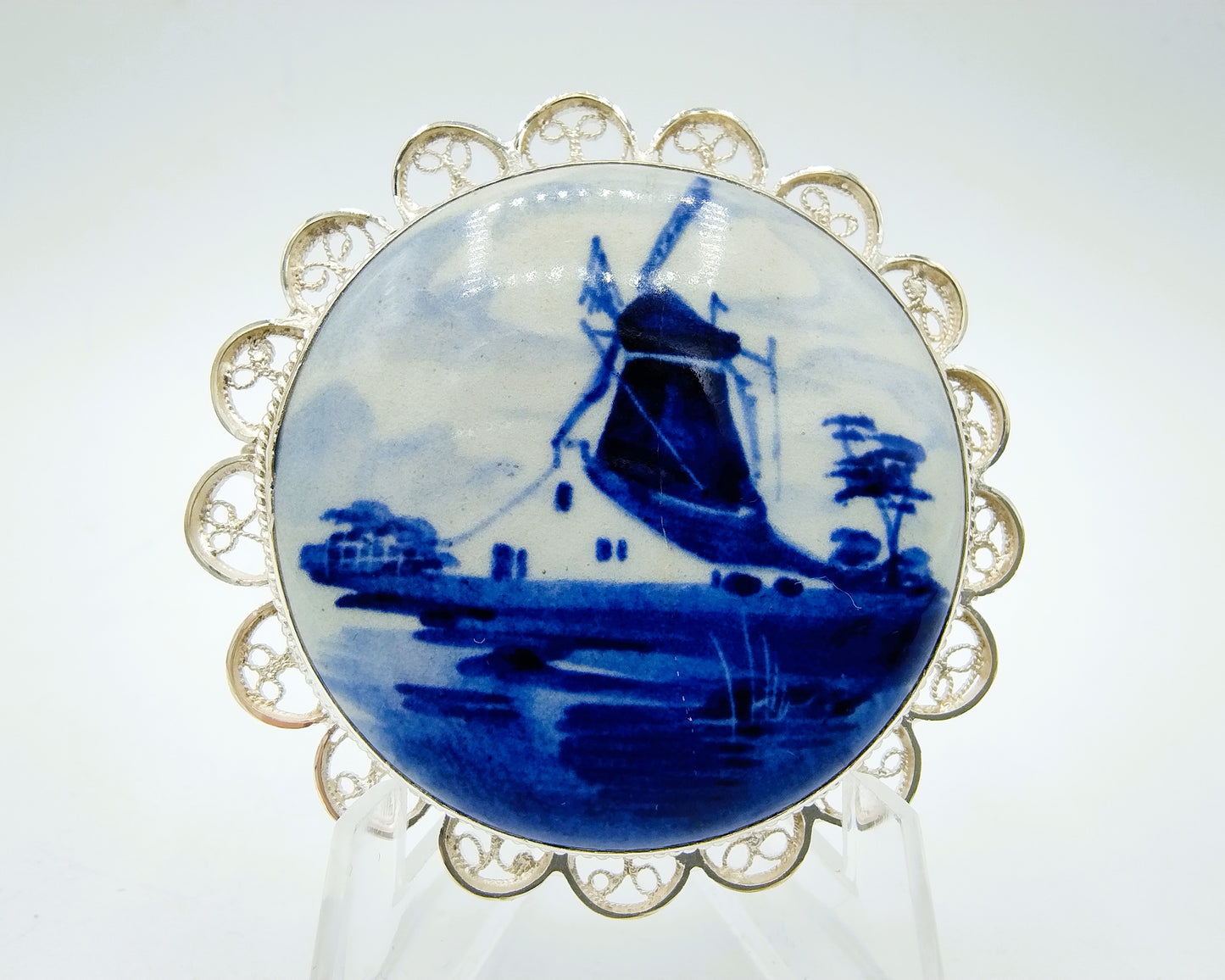 Zilveren broche, Delfts blauw, 835