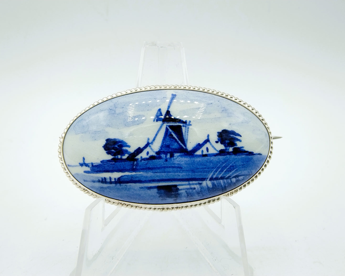 Zilveren broche, Delfts blauw, 835