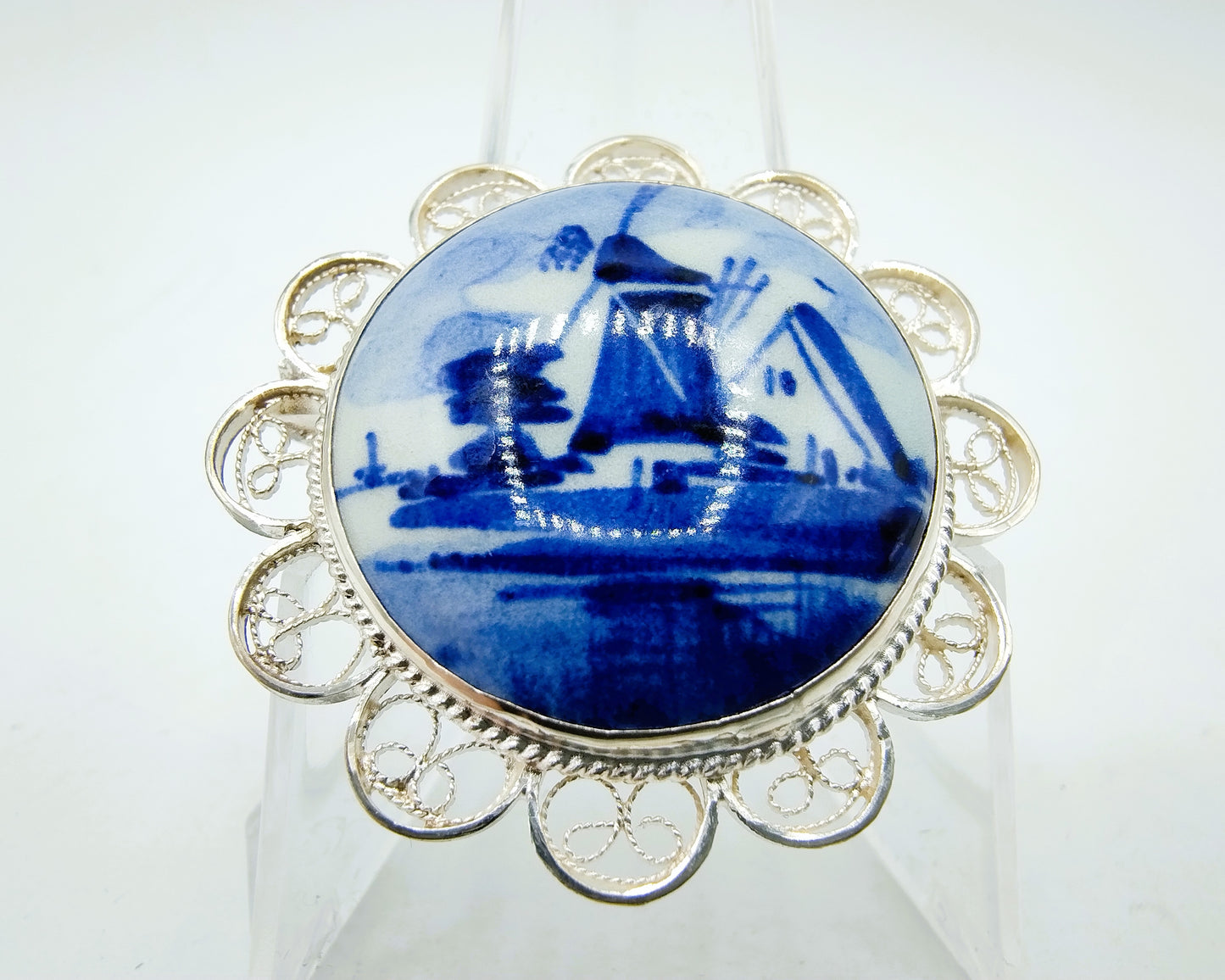 Zilveren broche, Delfts blauw, 835