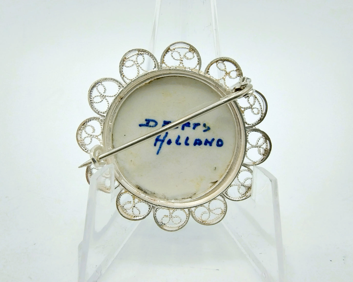 Zilveren broche, Delfts blauw, 835