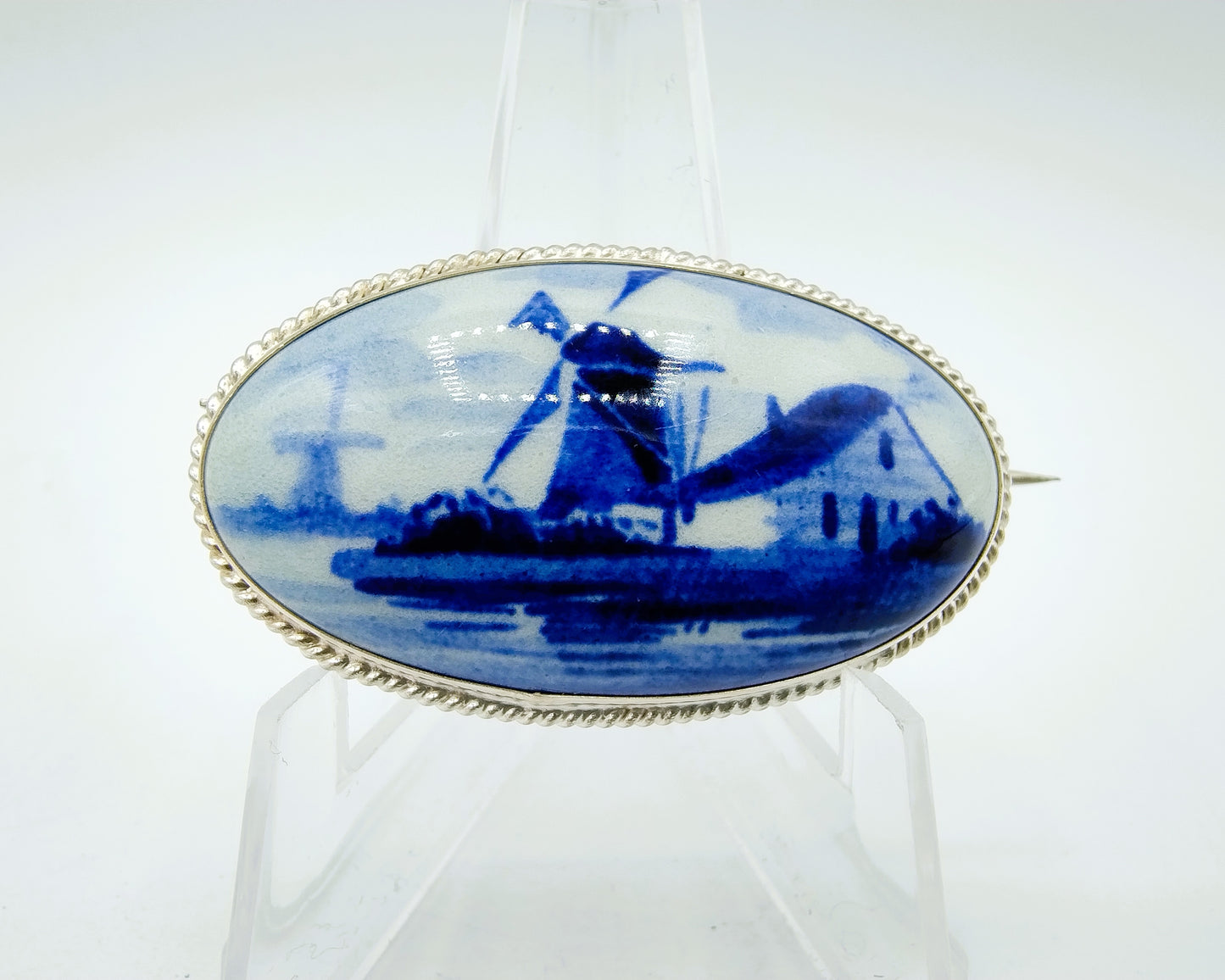Zilveren broche, Delfts blauw, 835