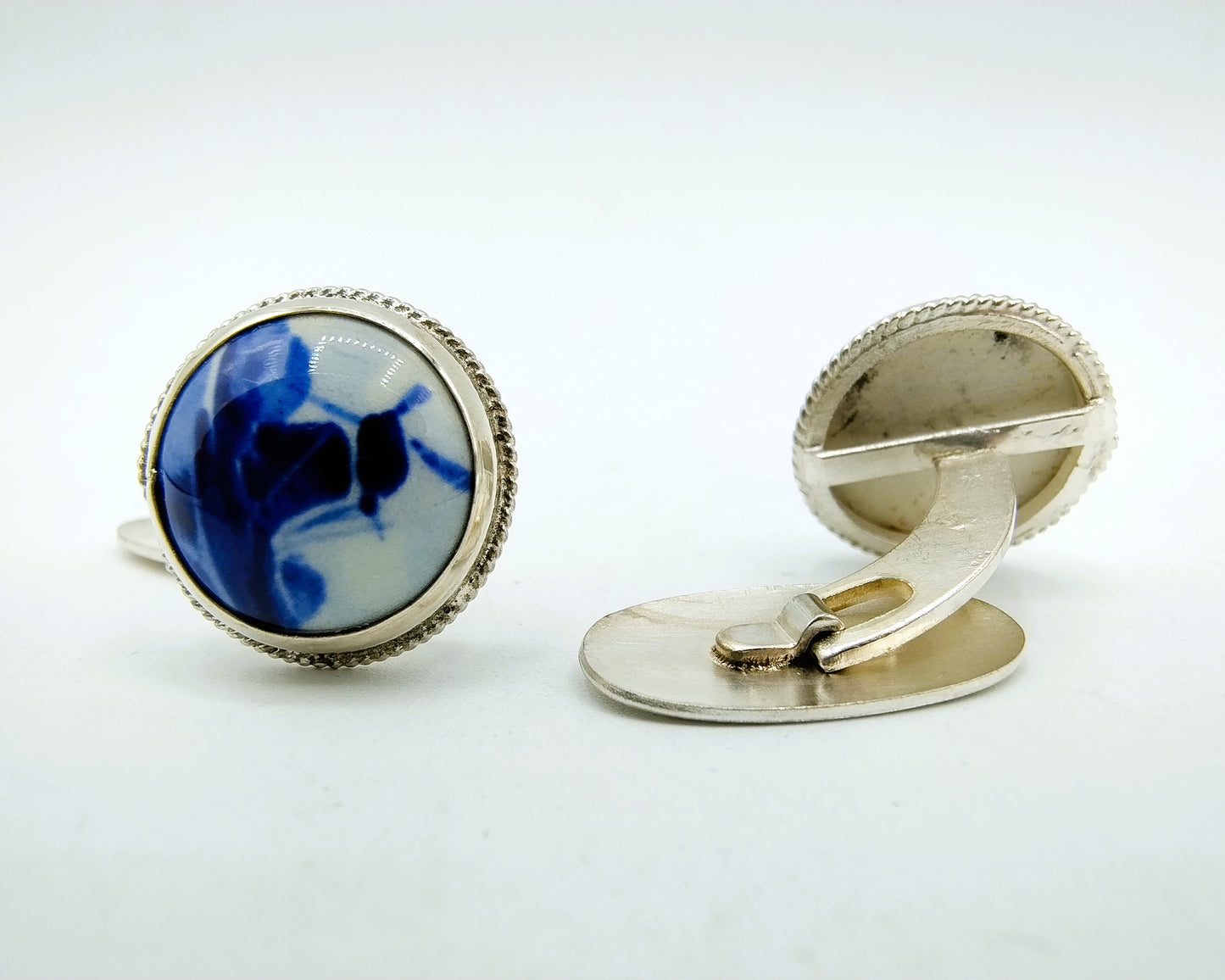 Zilveren manchetknopen, Delfts blauw, 835