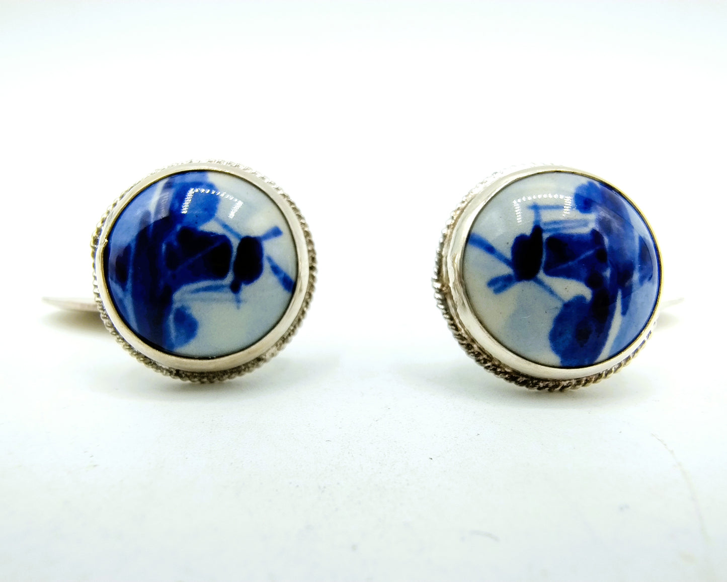 Zilveren manchetknopen, Delfts blauw, 835