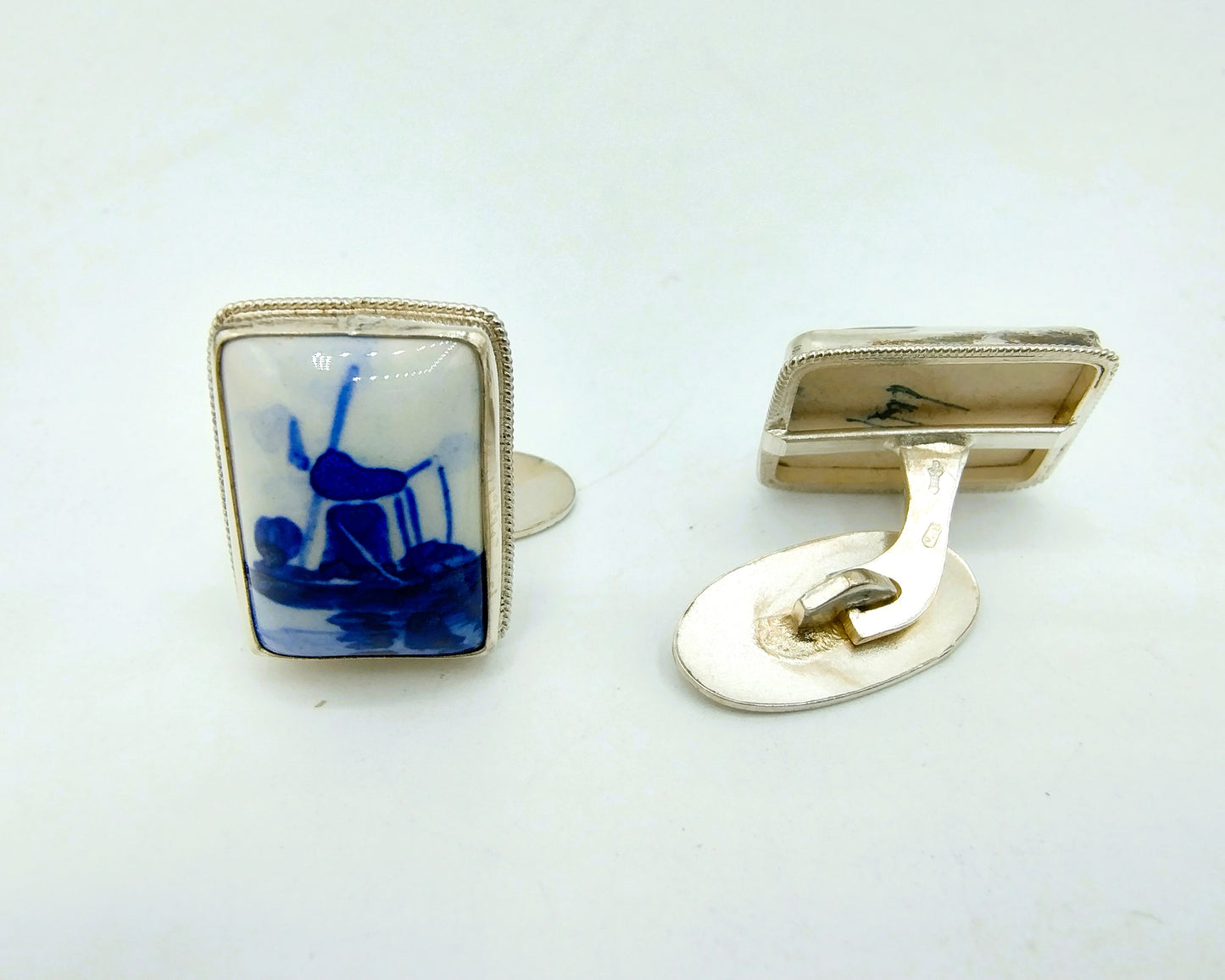 Zilveren manchetknopen, Delfts blauw, 835