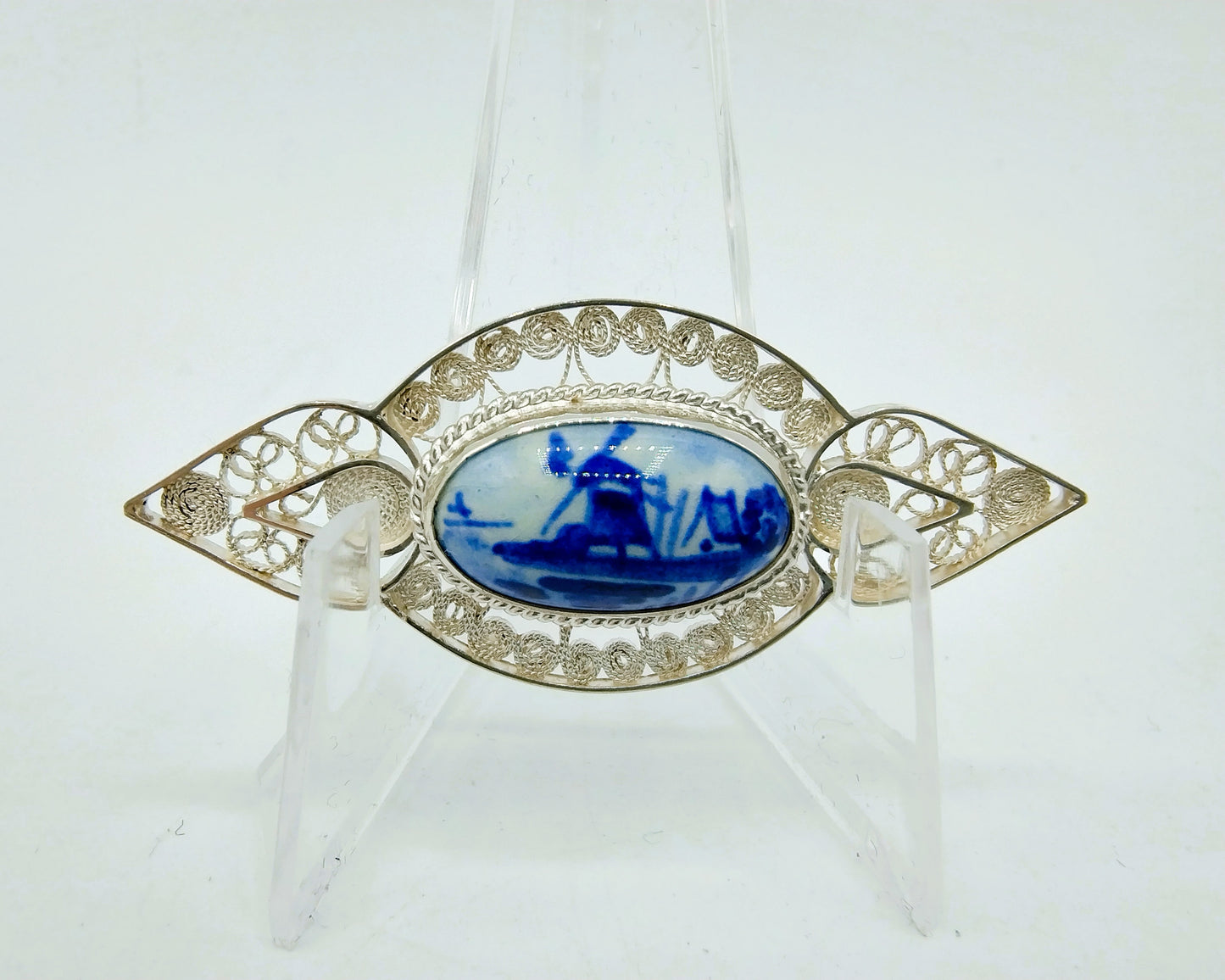 Zilveren broche, Delfts blauw, 835