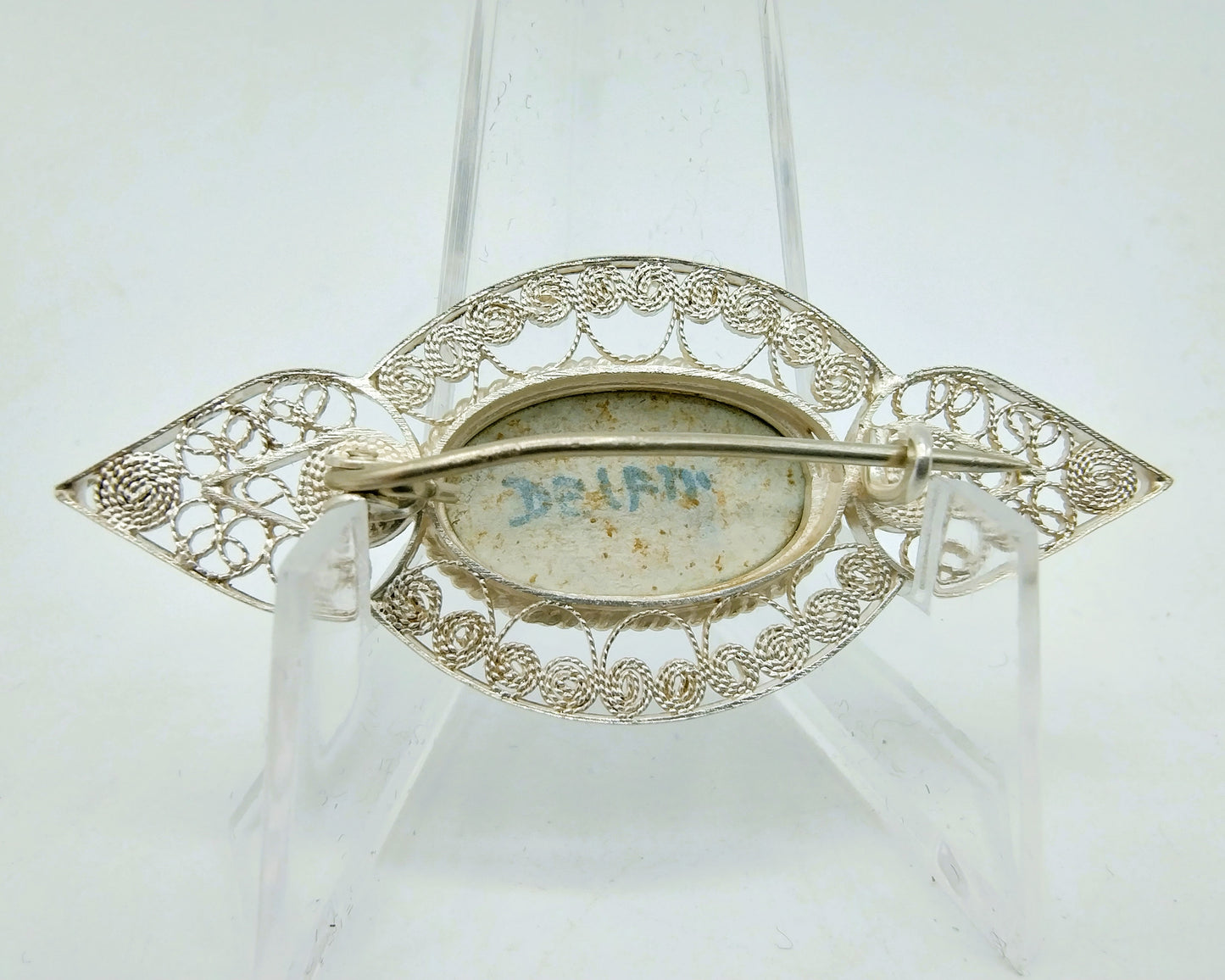 Zilveren broche, Delfts blauw, 835