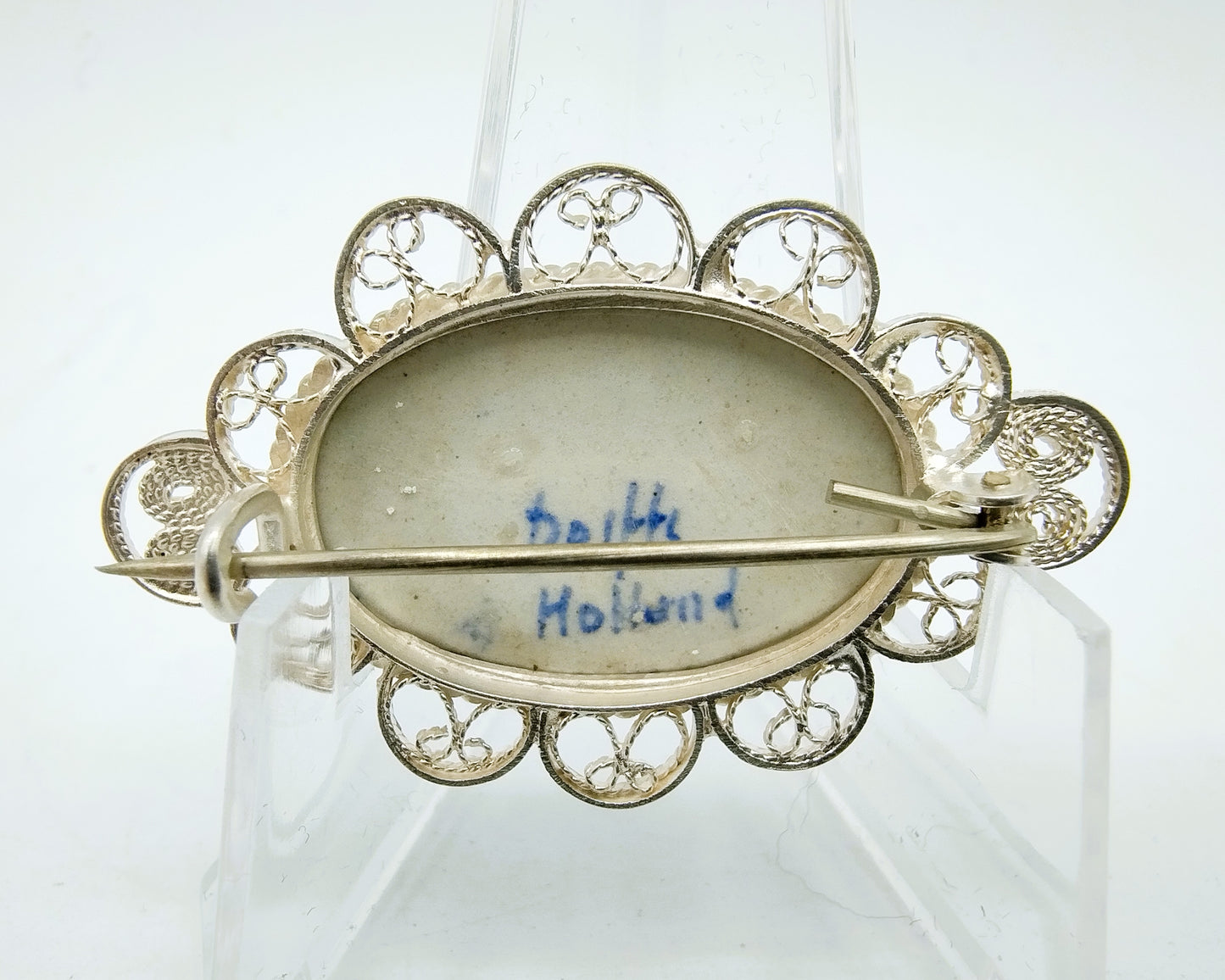 Zilveren broche, Delfts blauw, 835
