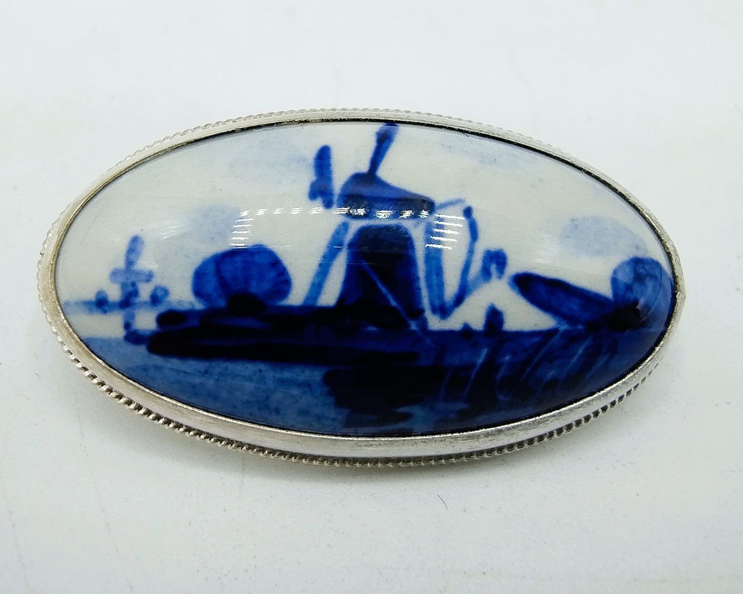 Zilveren broche, Delfts blauw, 835