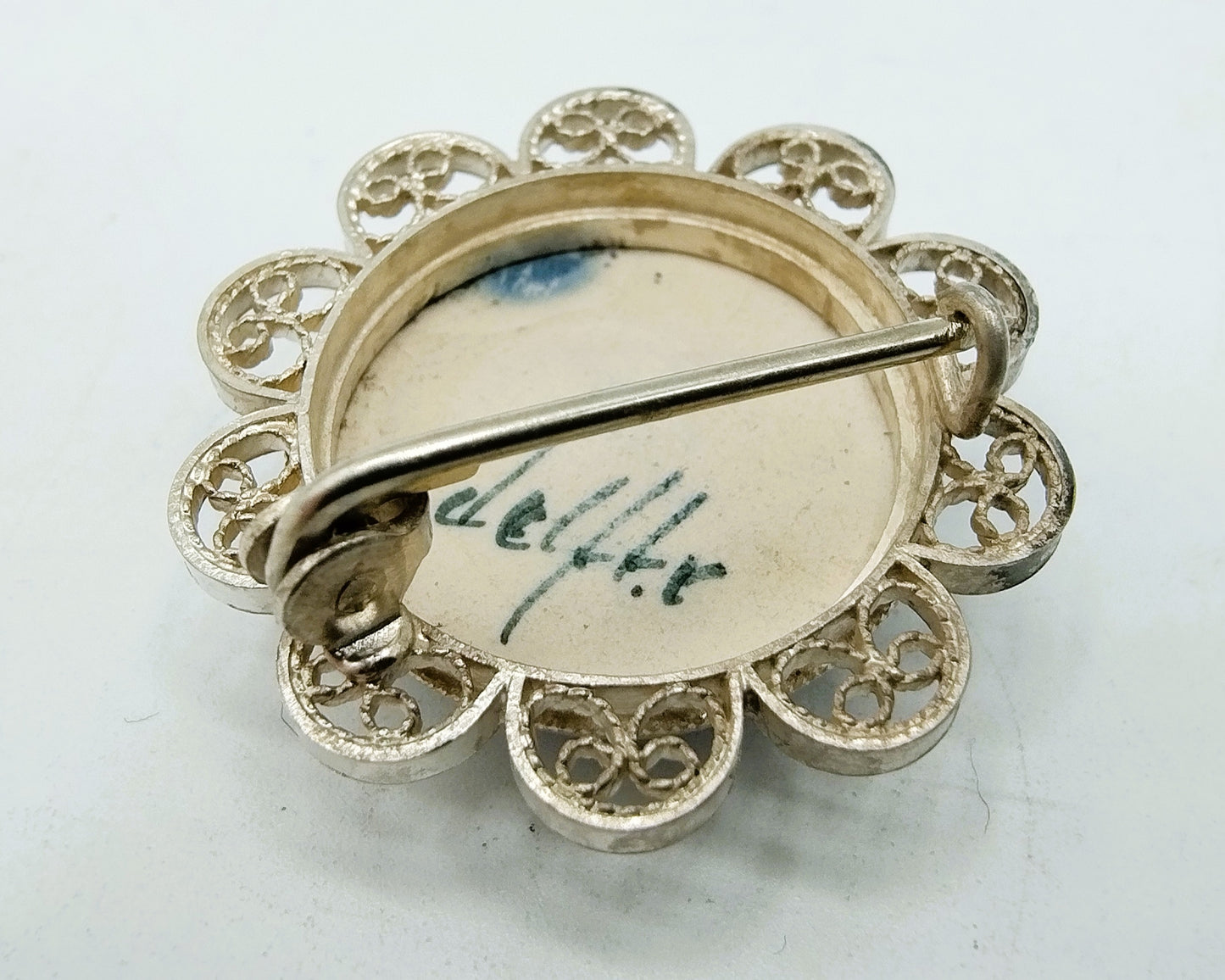 Zilveren broche, Delfts blauw, 835