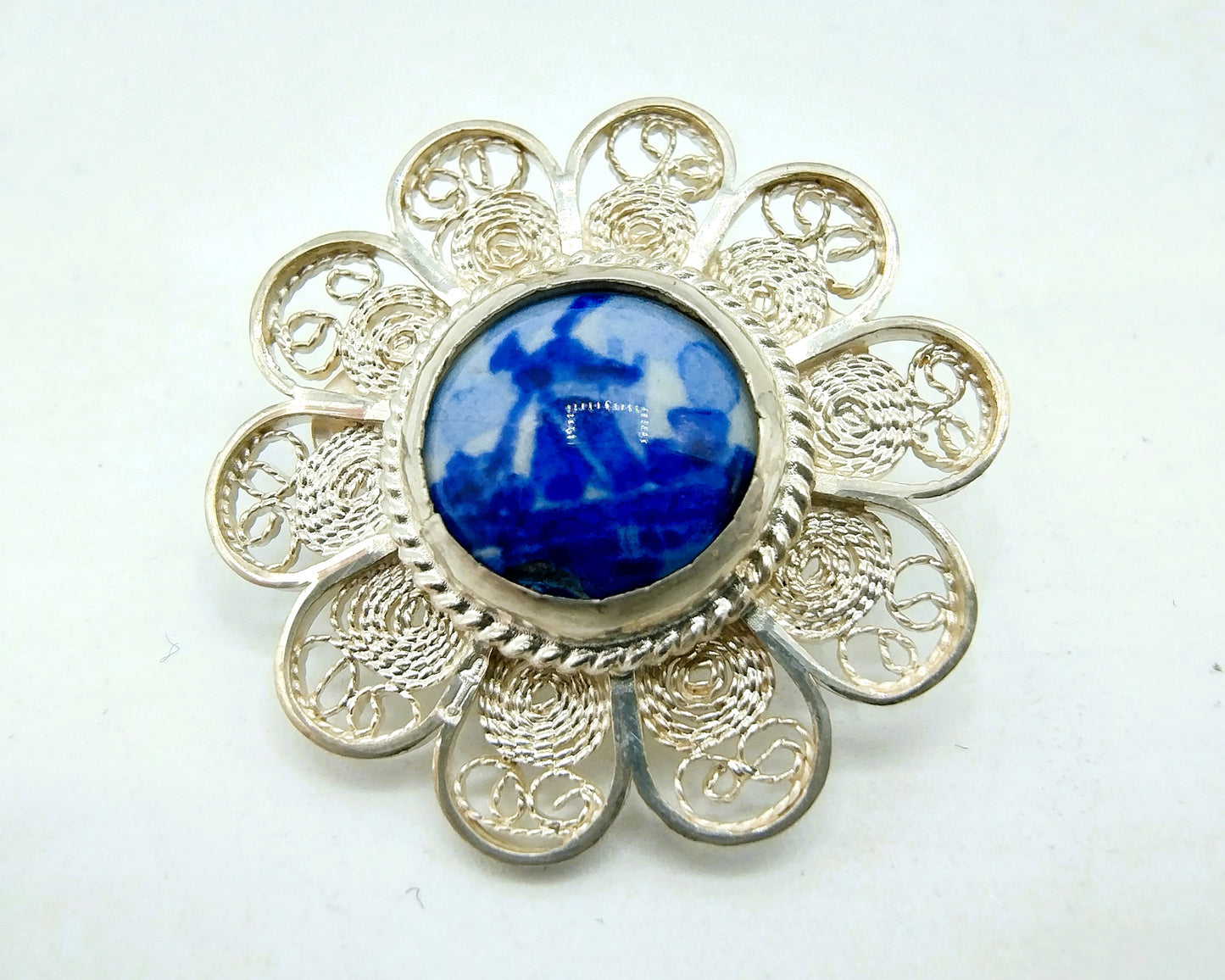 Zilveren broche, Delfts blauw, 835