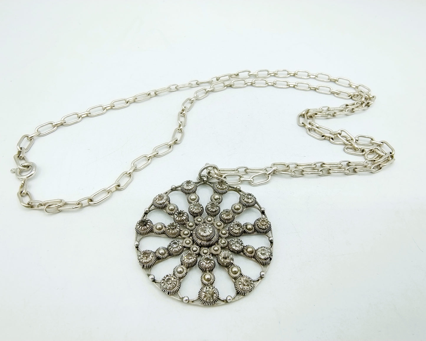 Zeeland silver button pendant inlaid with stones, on a chain
