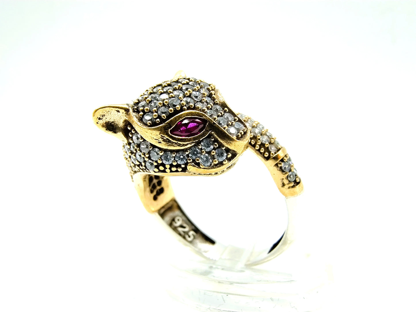 Zilveren panterring met robijn en zirkonia, 19 mm, brons