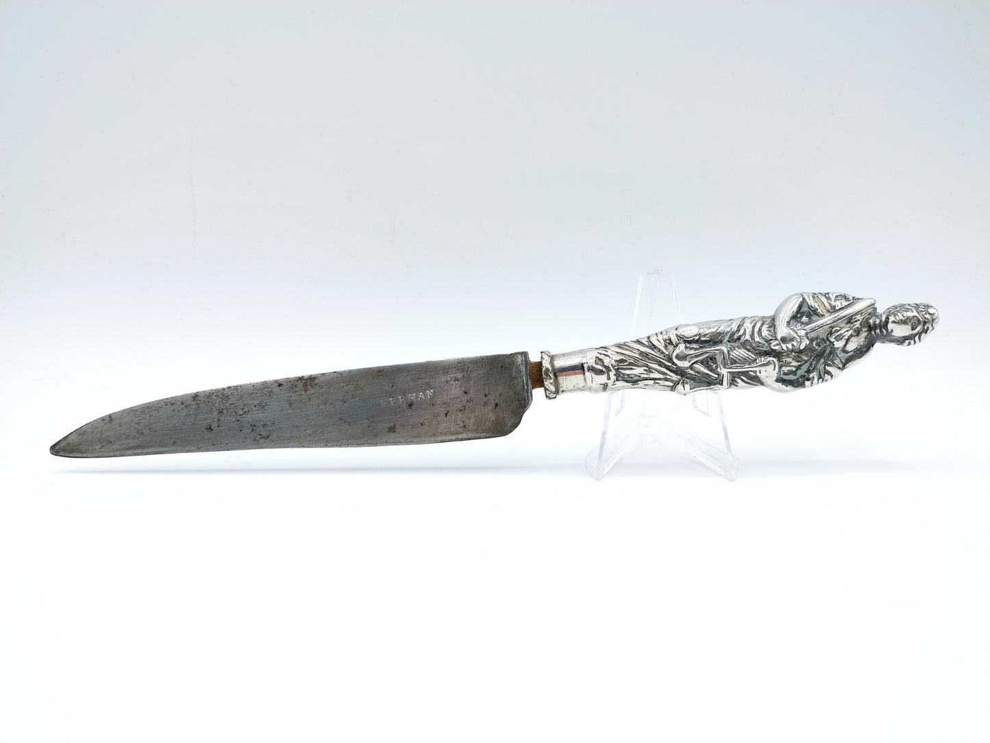 Silver knife handle (Lady Justice) with steel blade, 17th century