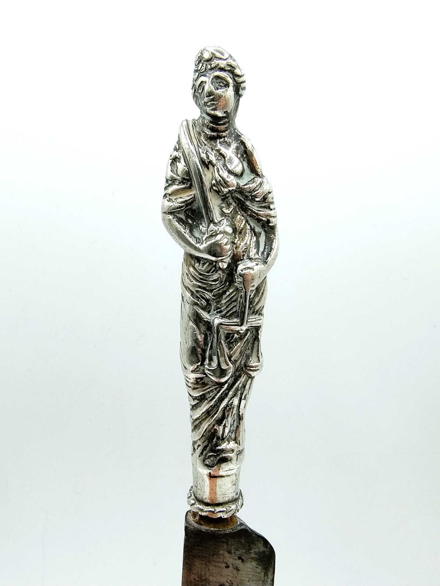 Silver knife handle (Lady Justice) with steel blade, 17th century