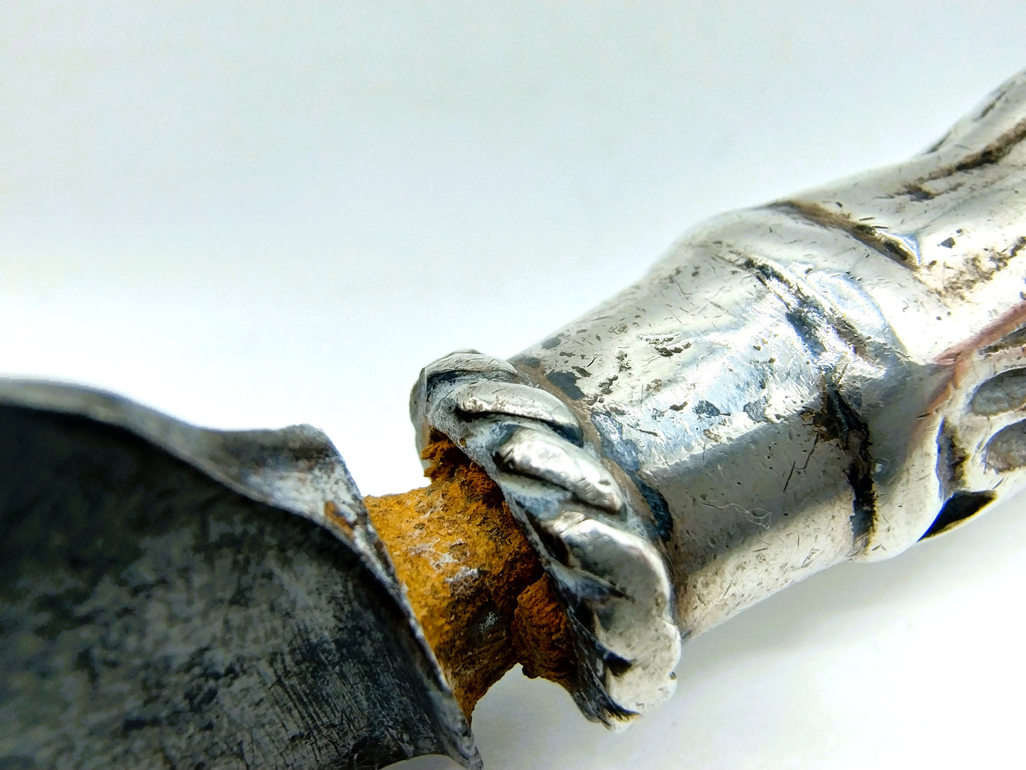 Silver knife handle (Lady Justice) with steel blade, 17th century