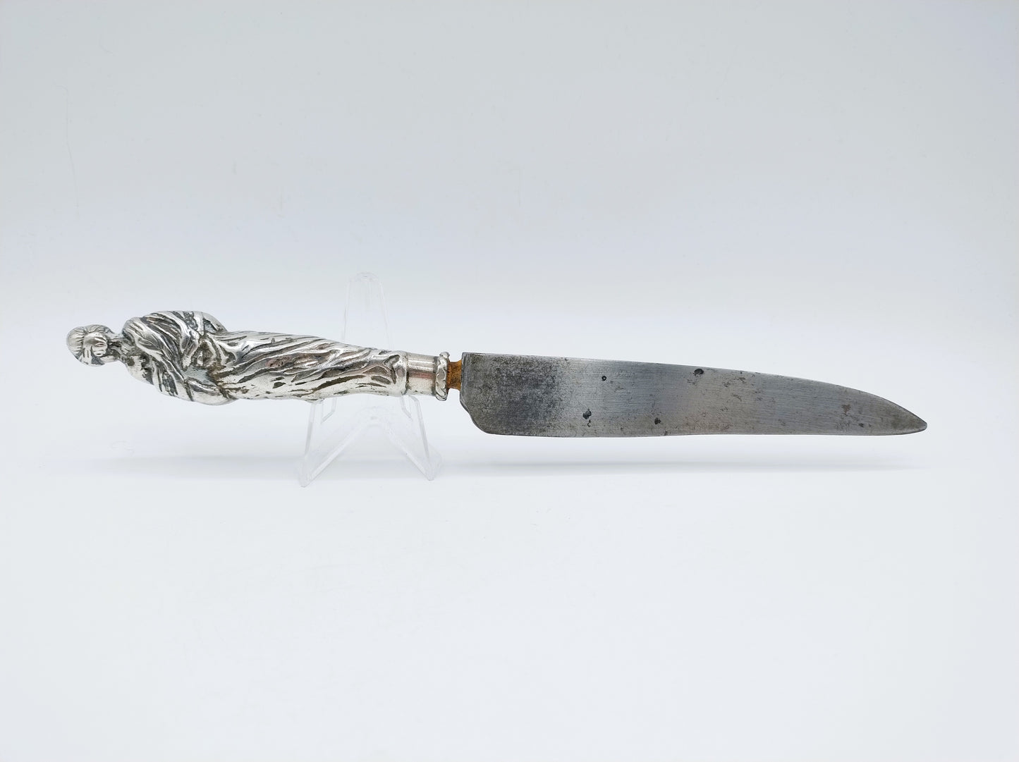 Silver knife handle (Lady Justice) with steel blade, 17th century