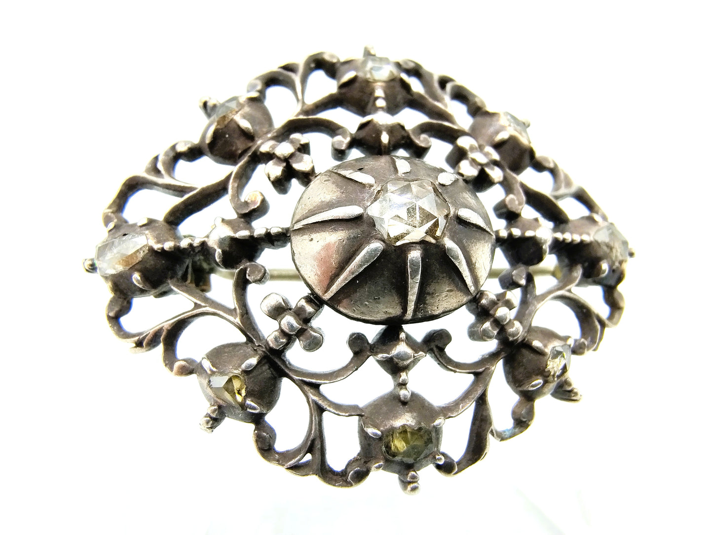 Antique silver brooch with 9 rose diamonds