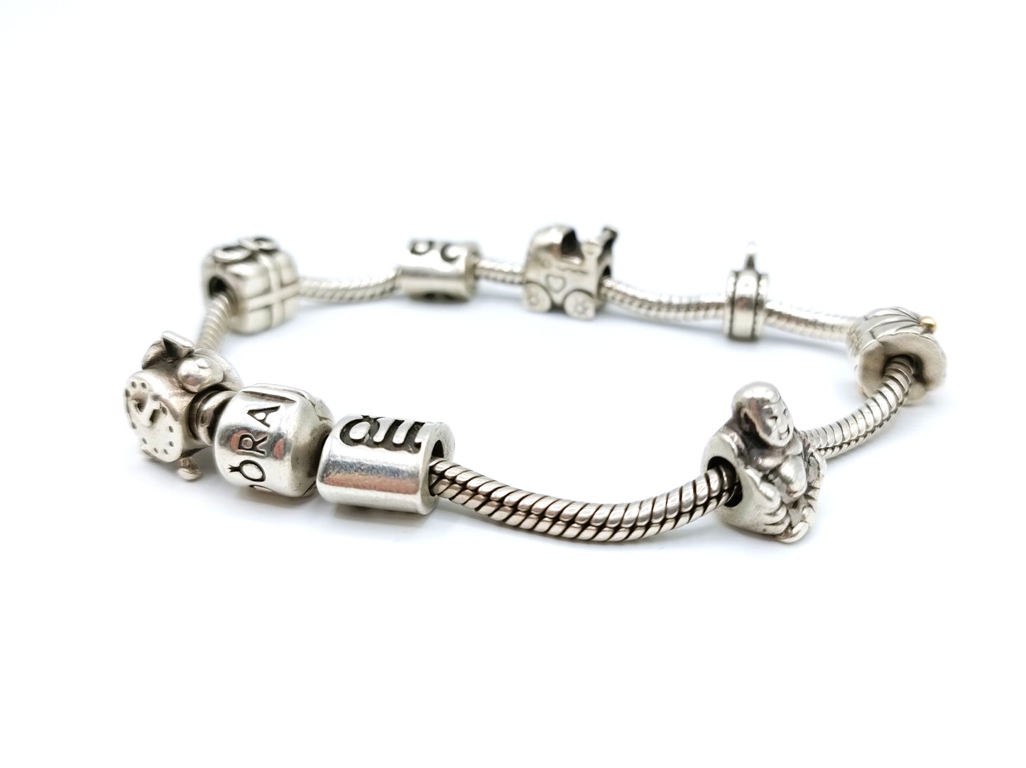 Zilveren pandora armband, 8 bedels, 20,5 cm