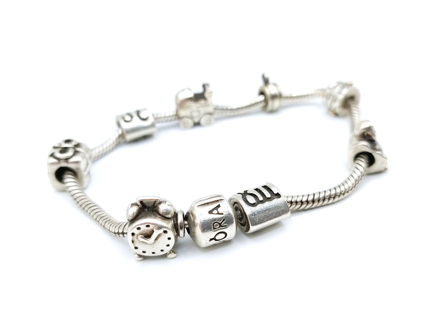 Zilveren pandora armband, 8 bedels, 20,5 cm