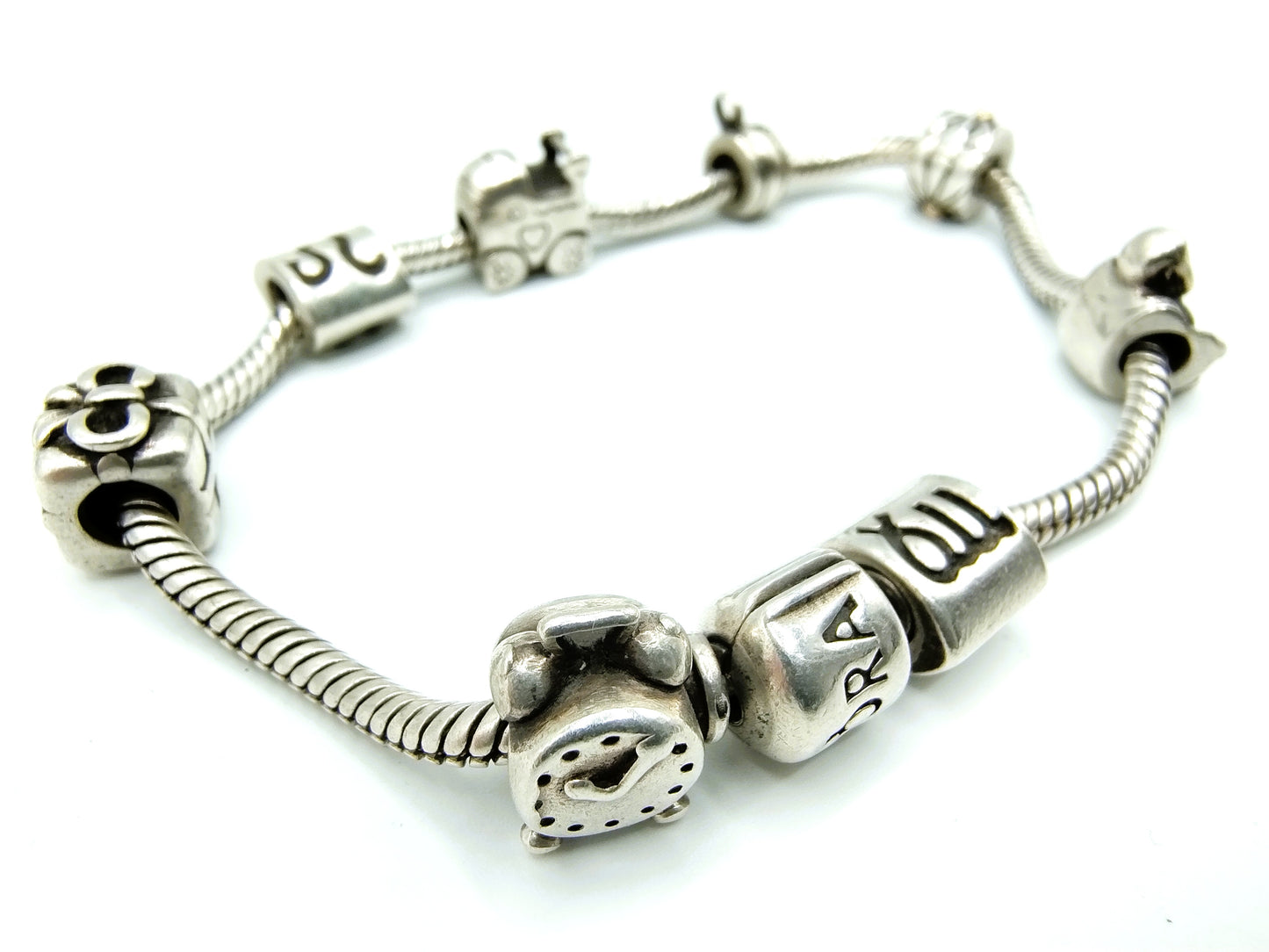 Zilveren pandora armband, 8 bedels, 20,5 cm