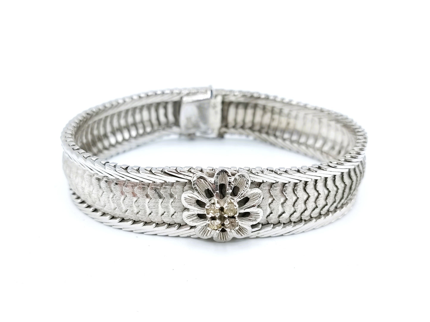 Vintage zilveren armband met rozet en steentjes, 19 cm.