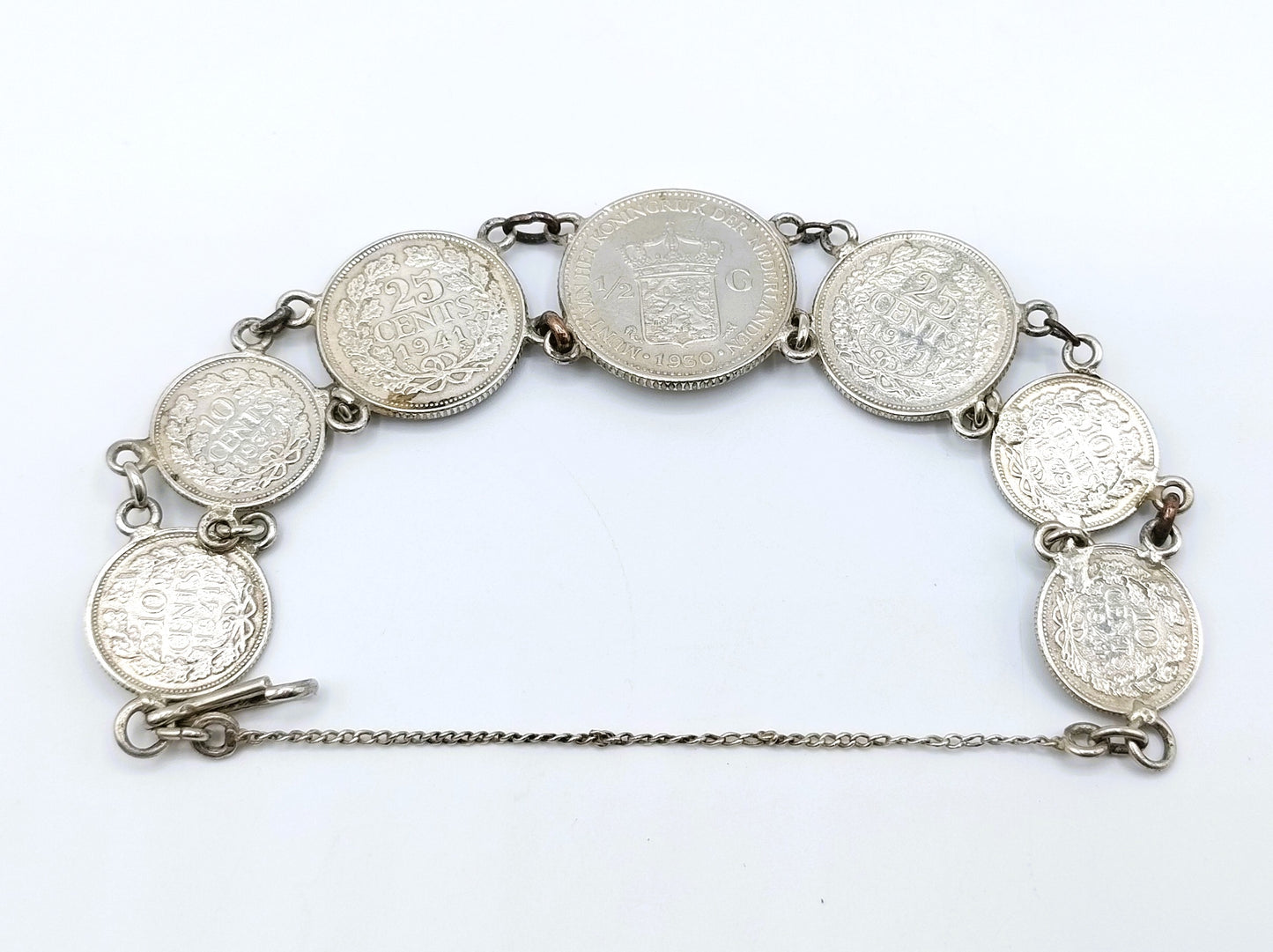 Zilveren armband gemaakt van Wilhelmina munten, 18 cm