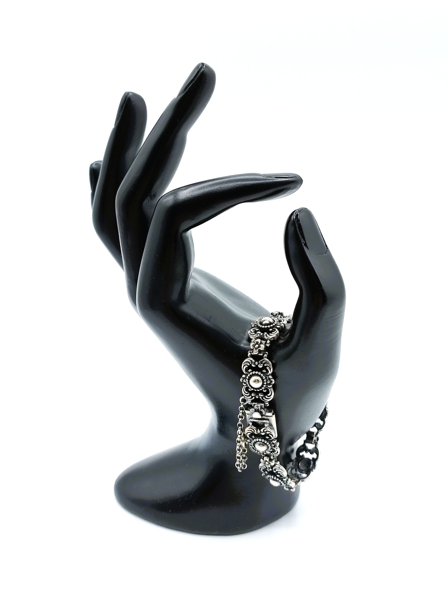 Vintage zilveren schakelarmband met bloemen, 17 cm