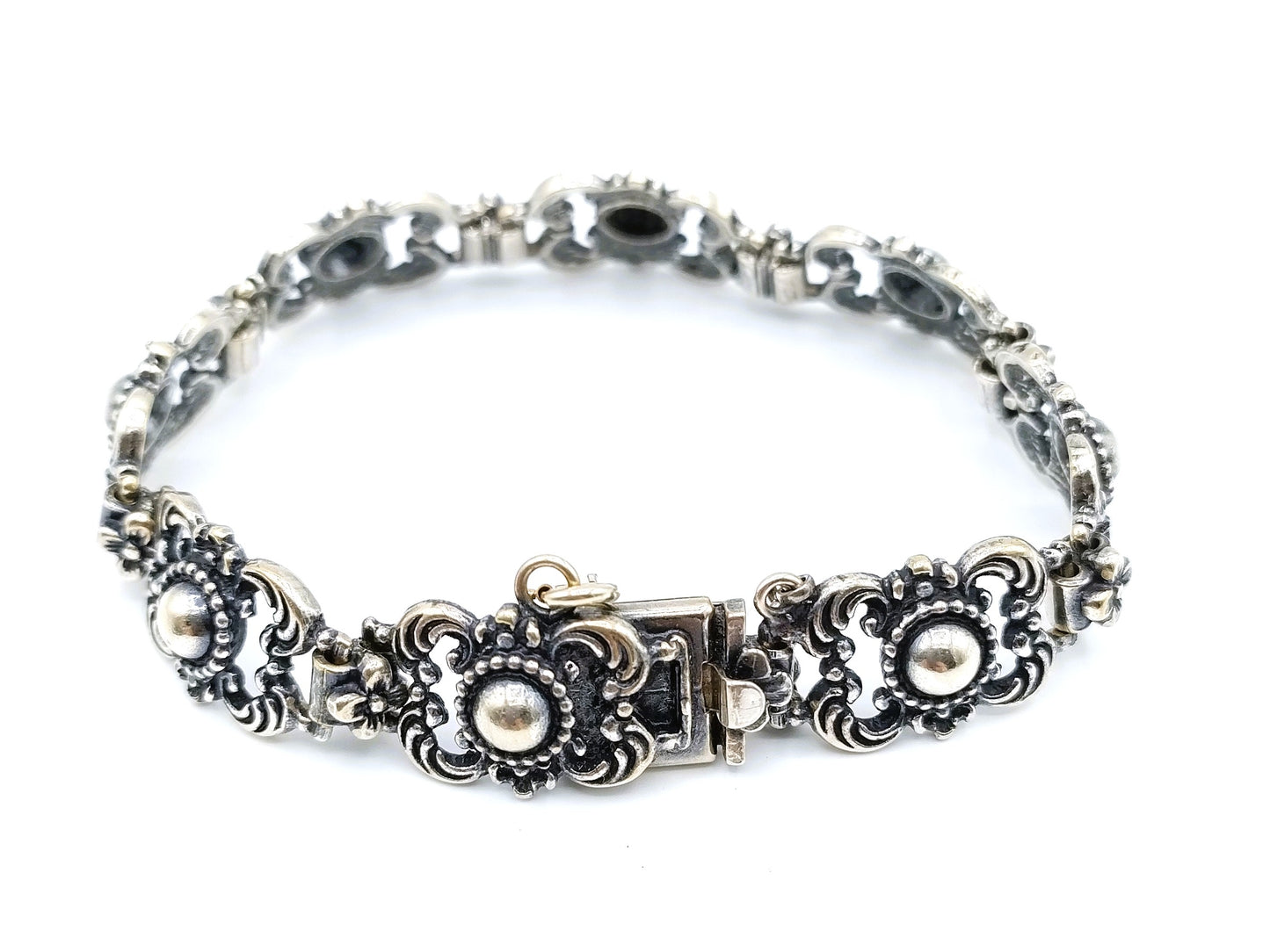 Vintage zilveren schakelarmband met bloemen, 17 cm