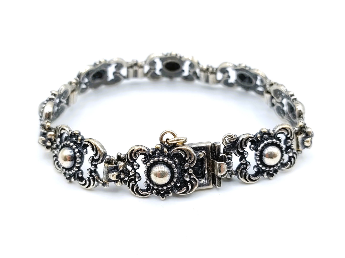 Vintage zilveren schakelarmband met bloemen, 17 cm