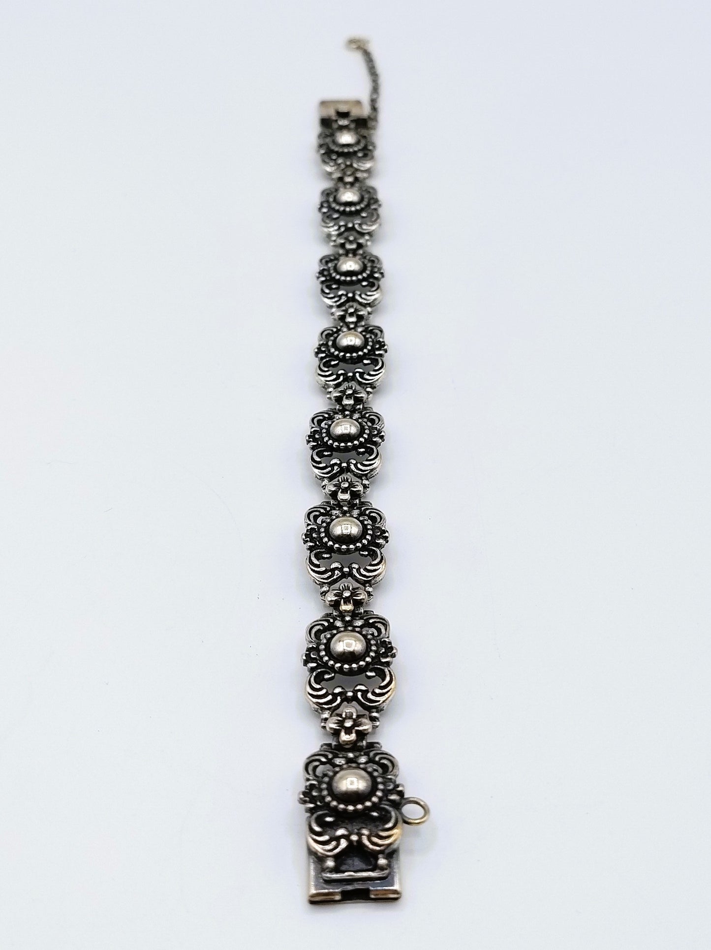 Vintage zilveren schakelarmband met bloemen, 17 cm