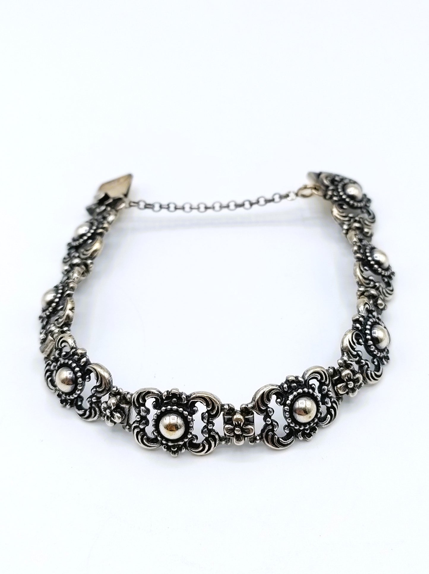 Vintage zilveren schakelarmband met bloemen, 17 cm
