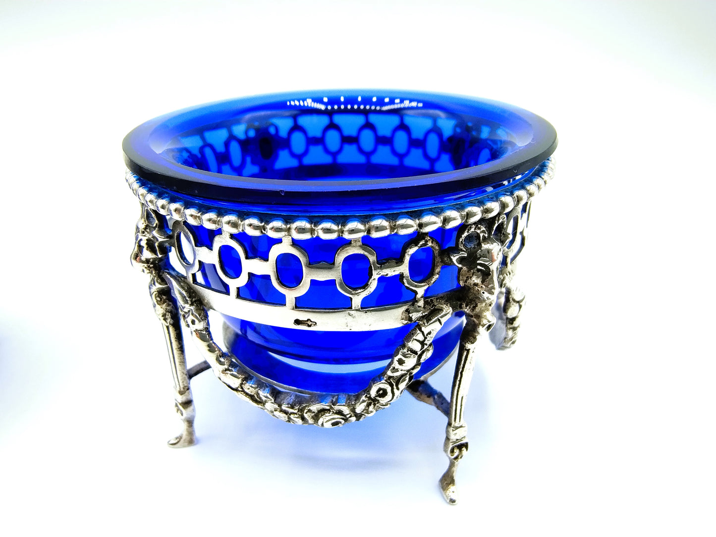 4-Delig zilveren empire tafelset met blauw glas, Nederland, 19e eeuws