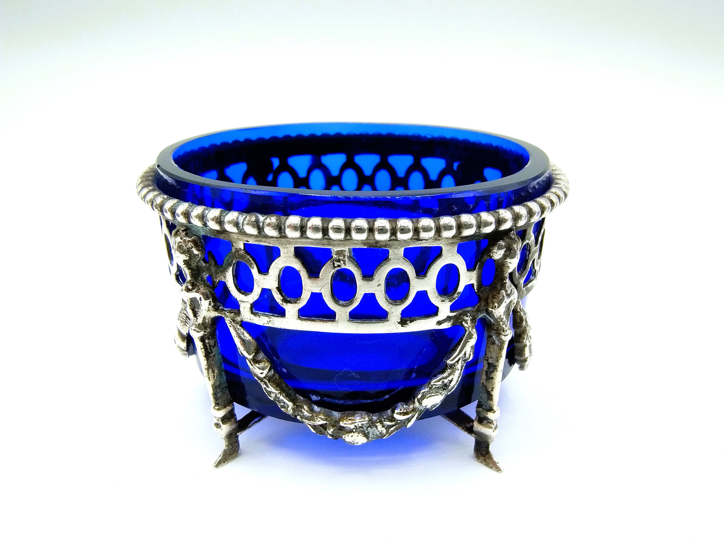 4-Delig zilveren empire tafelset met blauw glas, Nederland, 19e eeuws