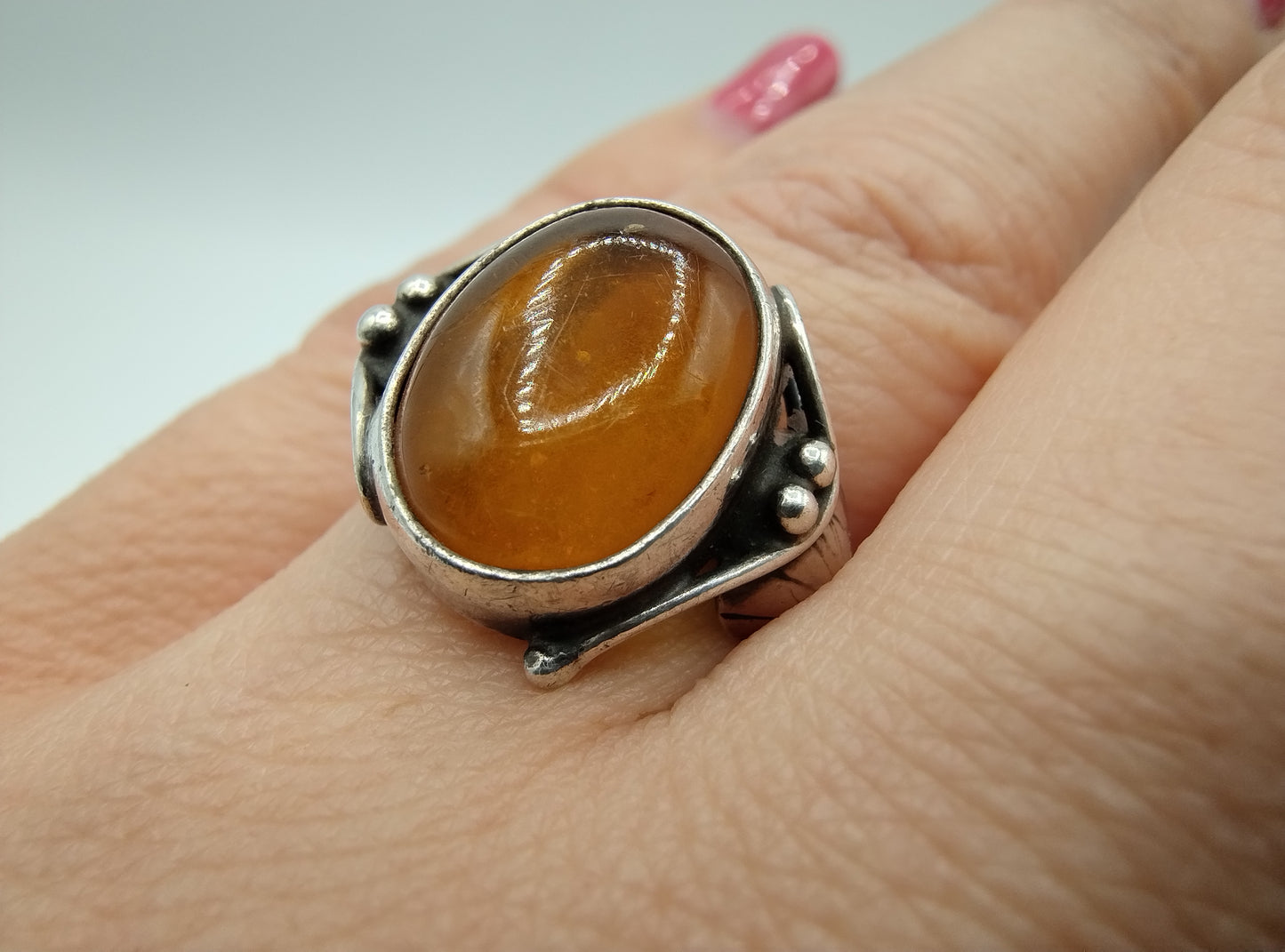 Silver ring with amber, 17 mm