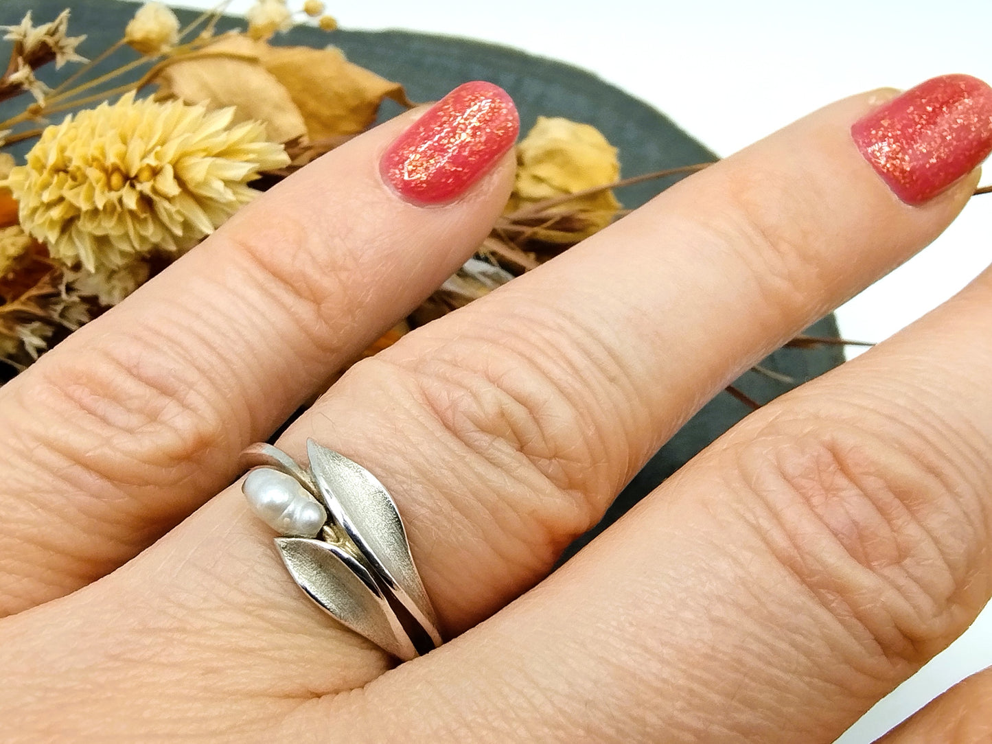 Silberring mit Naturperle, Universalgröße