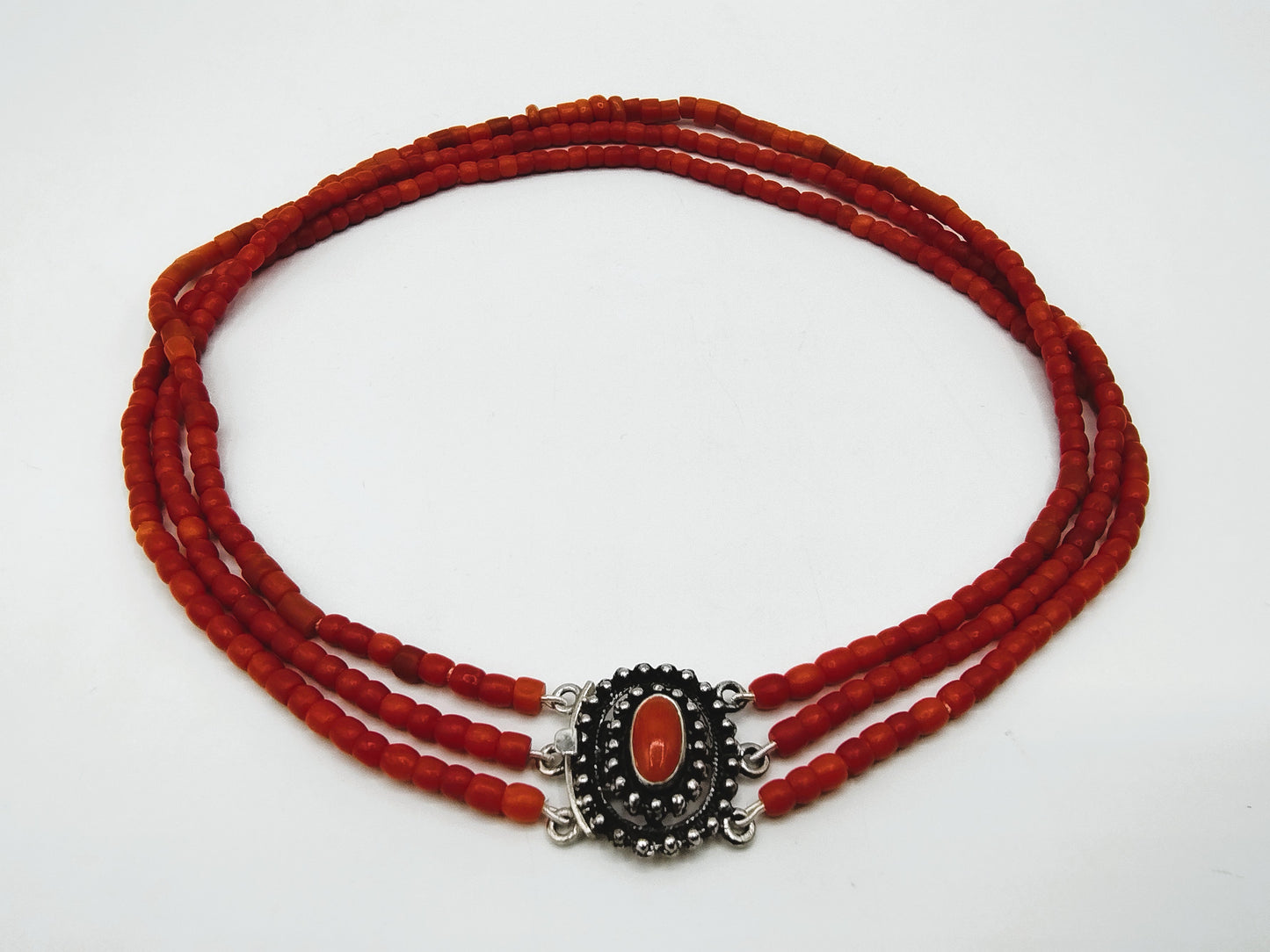 Blood coral necklace with silver clasp, 38 cm