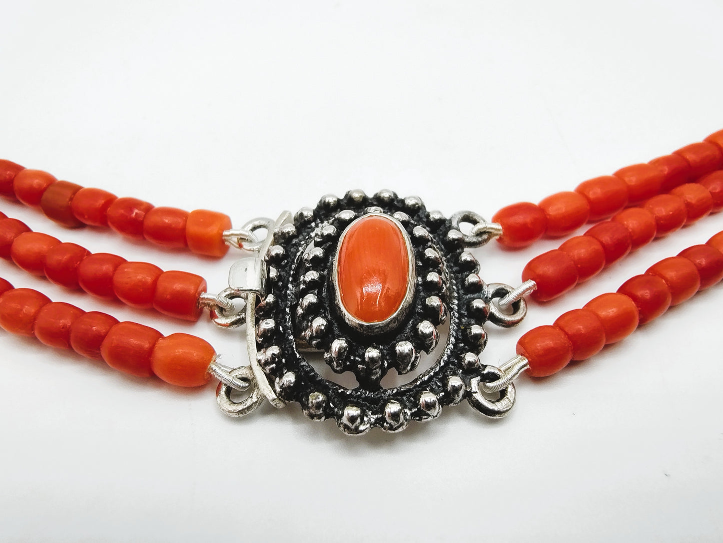 Blood coral necklace with silver clasp, 38 cm